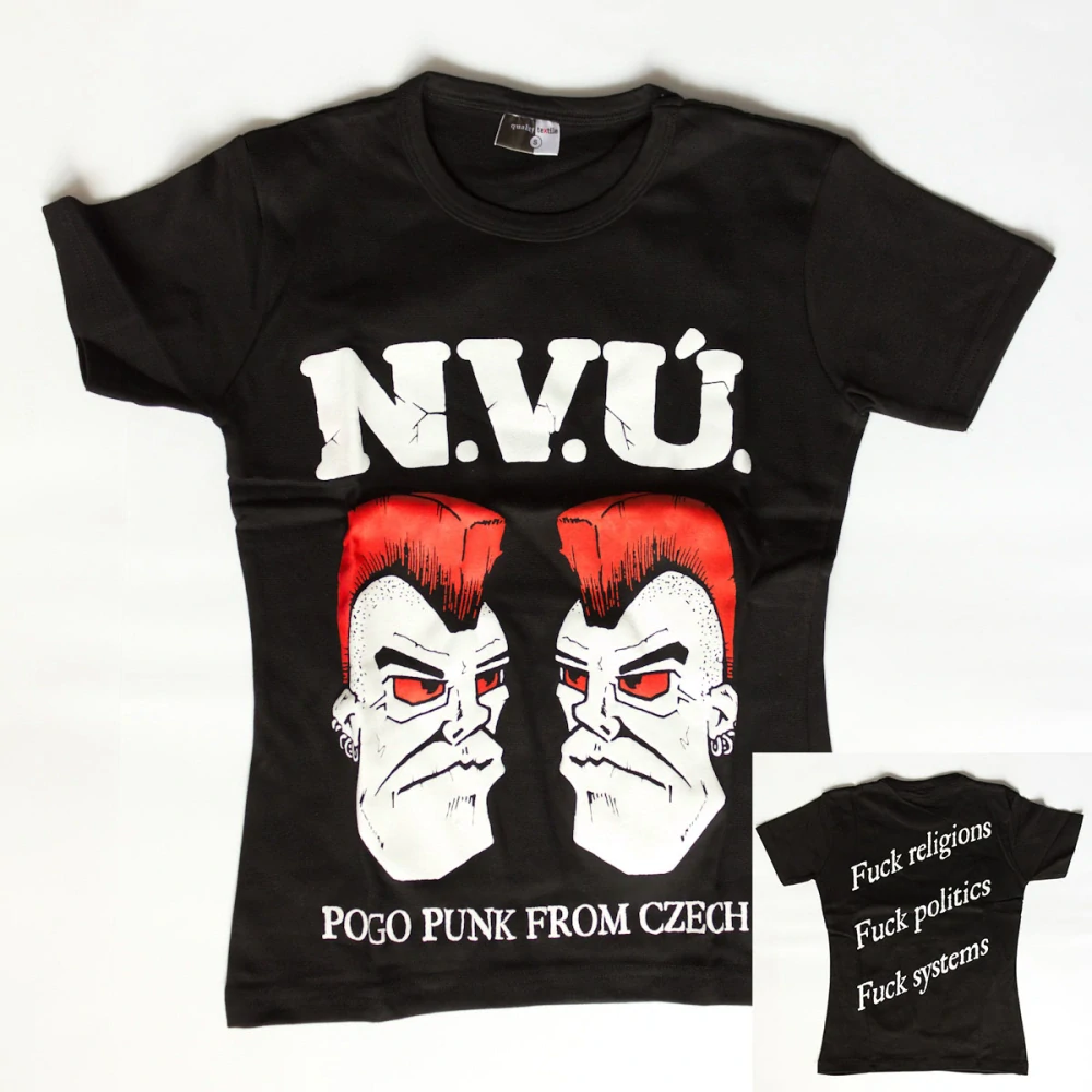 N.V.Ú: Biele logo a dve punk hlavy (dámske čierne tričko)