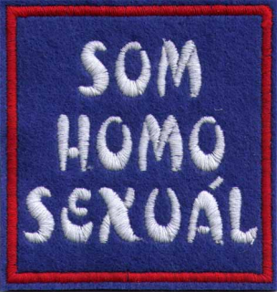 SOM HOMOSEXUÁL: Biely nápis na modrom podklade