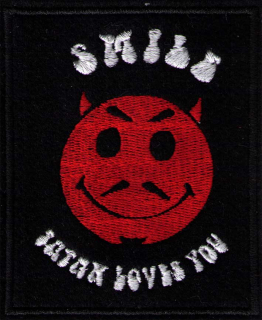 SMILE SATAN LOVES YOU: Biele logo - červený čert